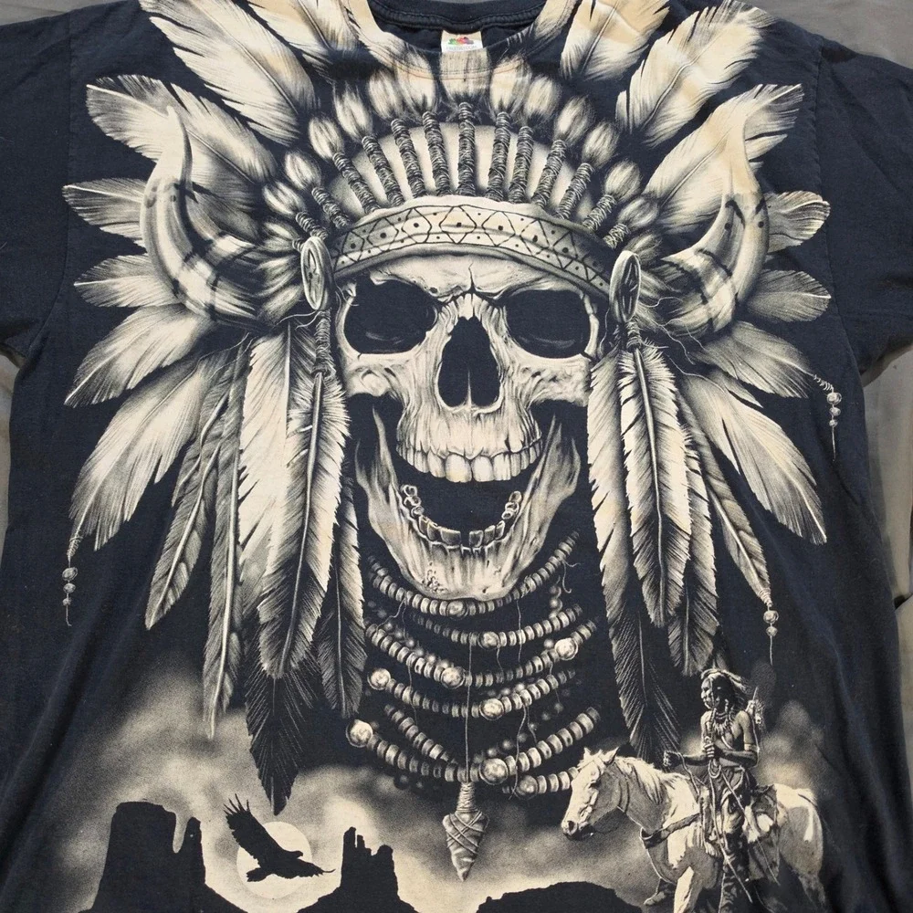 Native American Indian Spirit Skull Headdress Graphic T-Shirt Black White 2XL